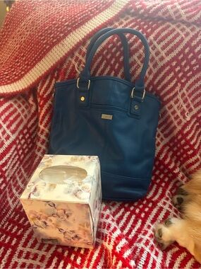 thirty-one Navy Blue Pebbled Leather Tote with Gold Hardware